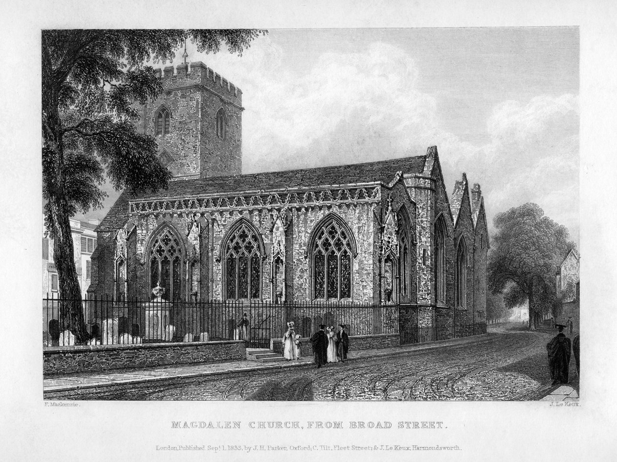 Magdalen Church, fra Broad Street, Oxford, 1833. av John Le Keux
