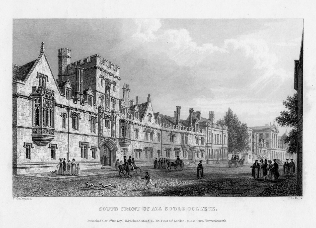 Sør foran All Souls College, Oxford University, 1834. av John Le Keux