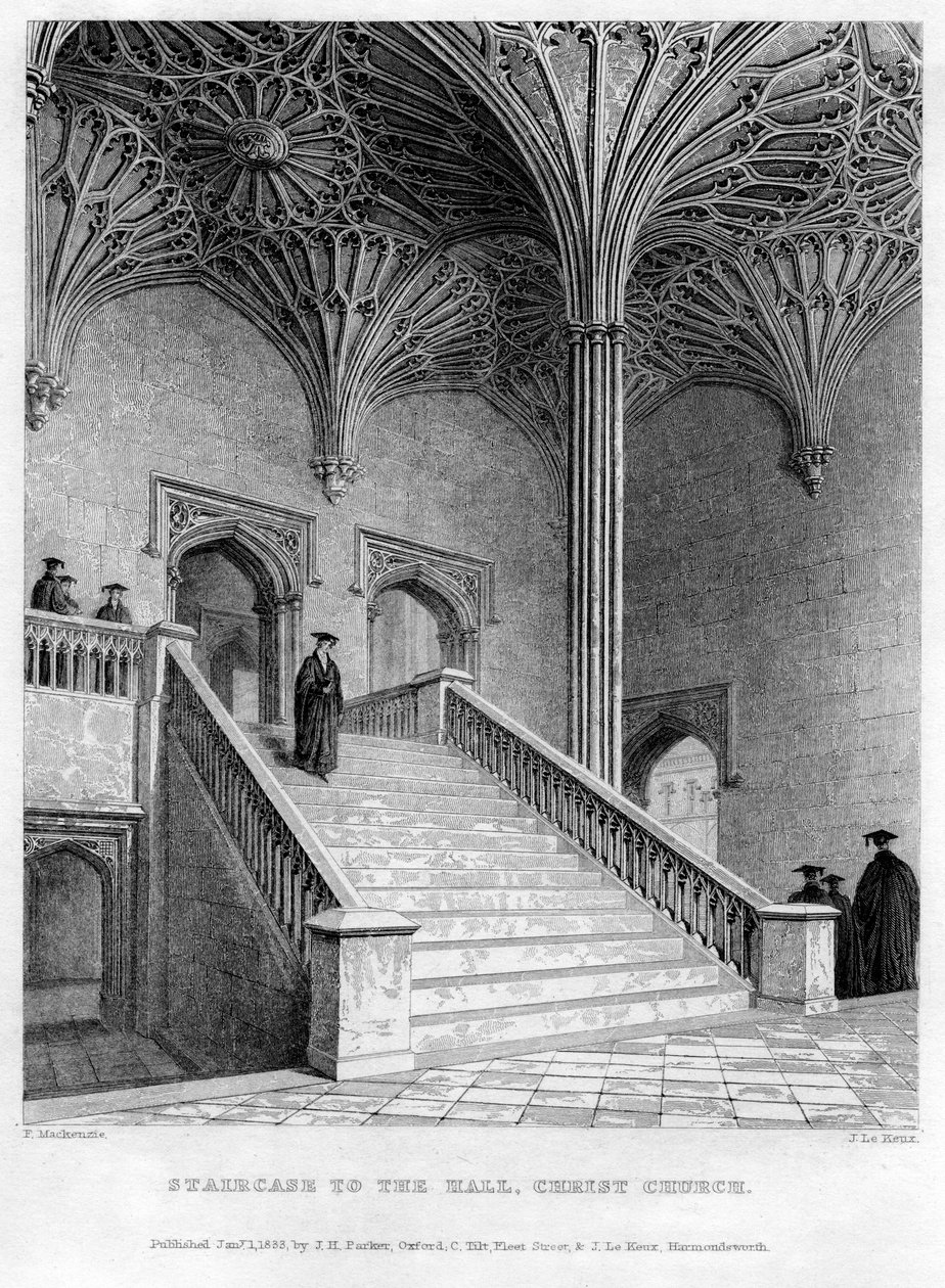 Trapp til Hall, Christ Church, Oxford University, 1833. av John Le Keux