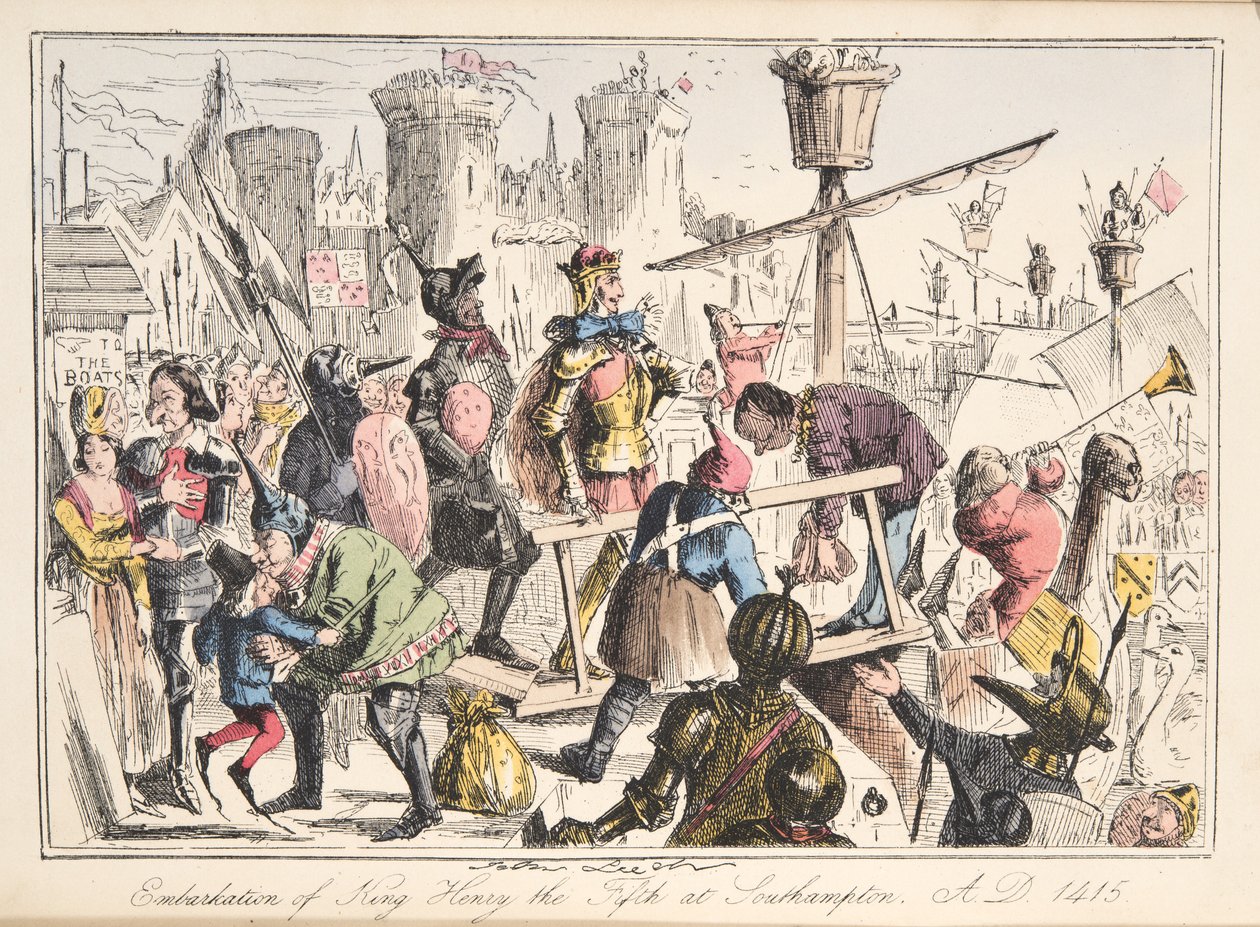 Ombordstigning av Henry V. i Southampton, 1415 e.Kr., fra The Comic History of England, pub. 1864 (håndfarget etsning) av John Leech
