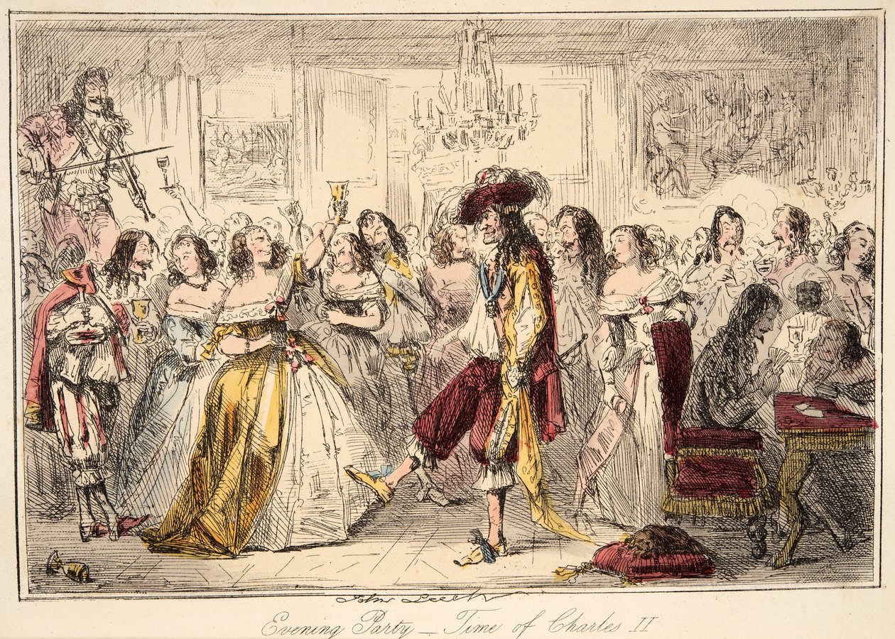 Evening Party - Time of Charles the Second, fra The Comic History of England, pub. 1864 (håndfarget etsning) av John Leech