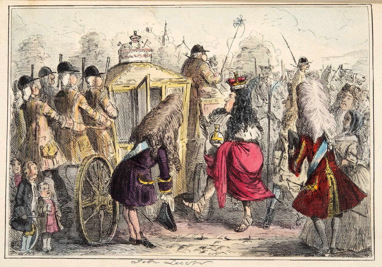 Georget Porgey den første Går ut på en tur i sin State Coachy Pachy, fra The Comic History of England, pub. 1864 (håndfarget etsning) av John Leech