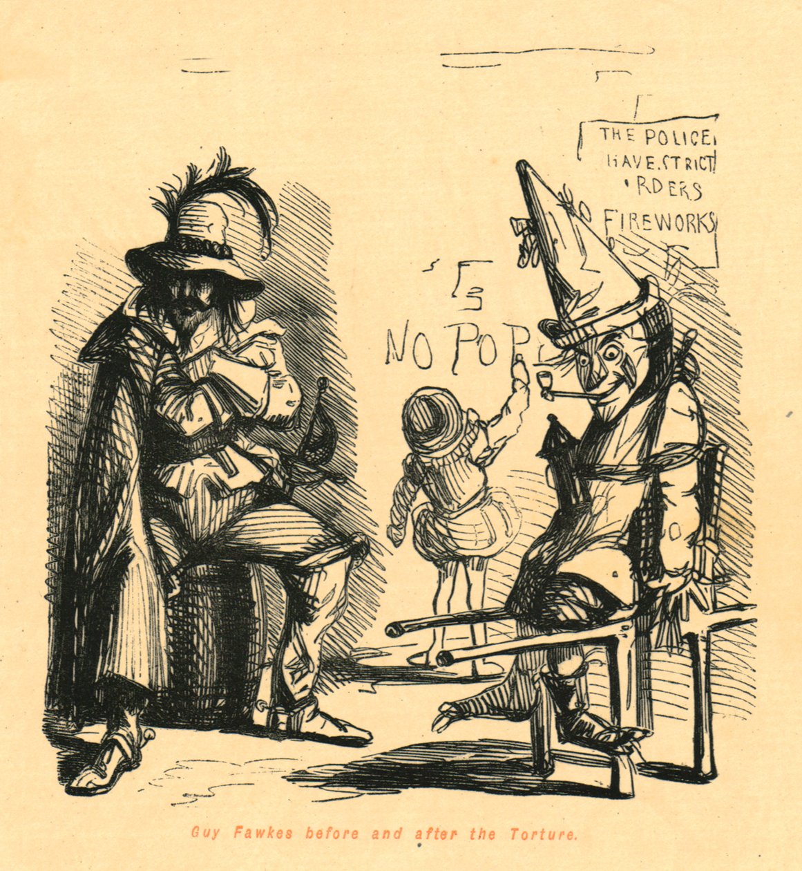 Guy Fawkes før og etter torturen, 1897. av John Leech
