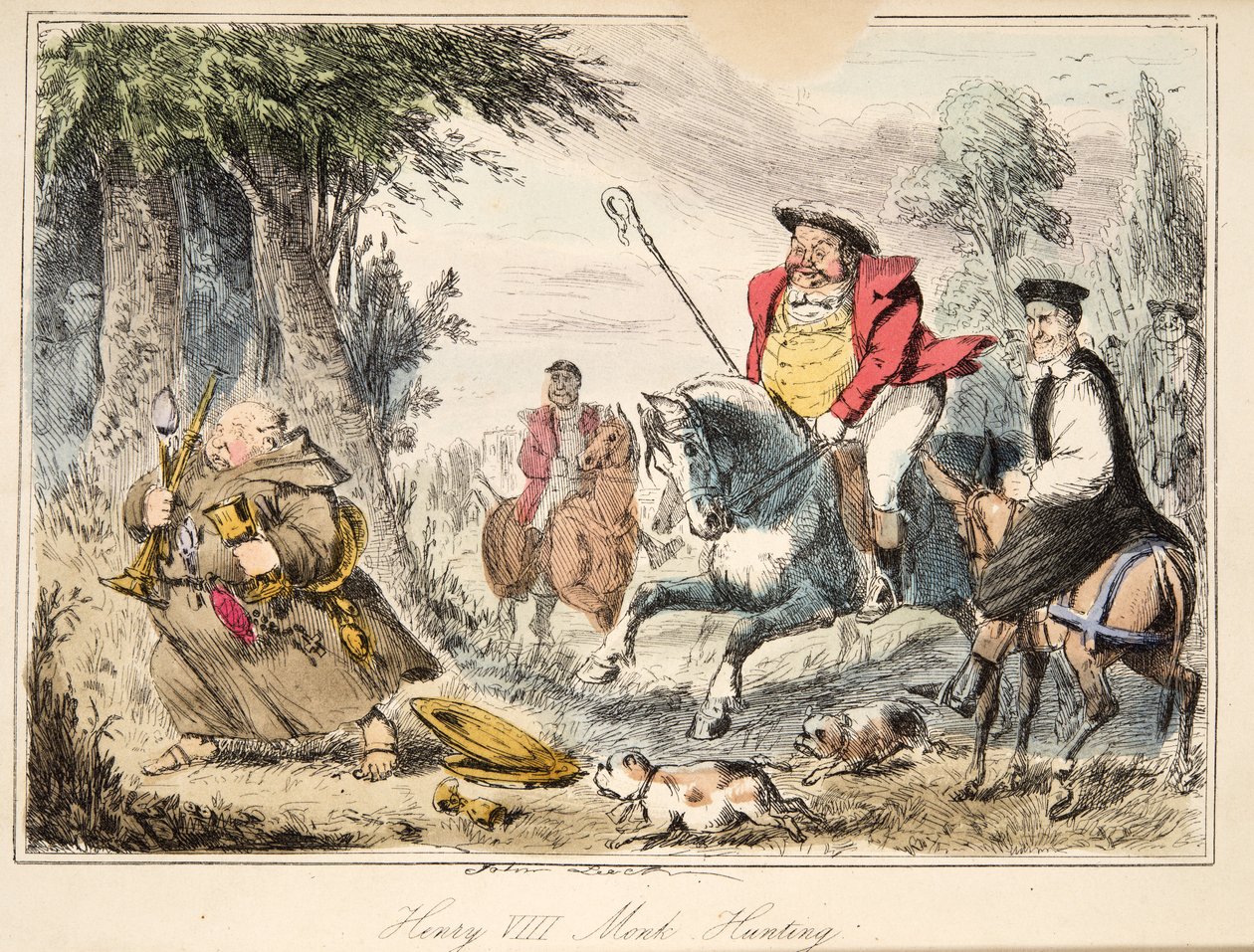 Henry VIII Monk-Hunting, fra The Comic History of England, pub. 1864 (håndfarget etsning) av John Leech