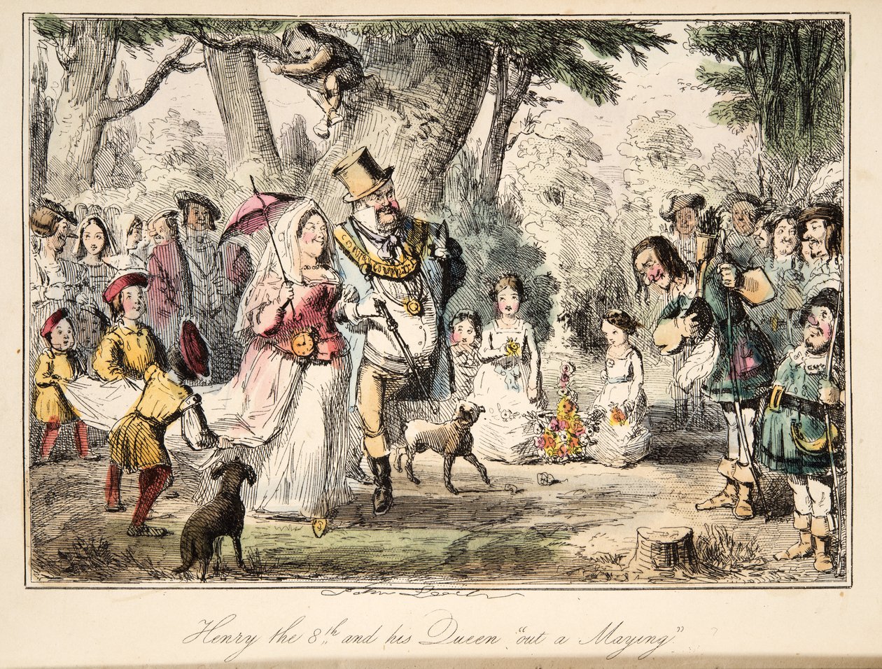 Henry VIII og hans dronning Out-a-Maying, fra The Comic History of England, pub. 1864 (håndfarget etsning) av John Leech