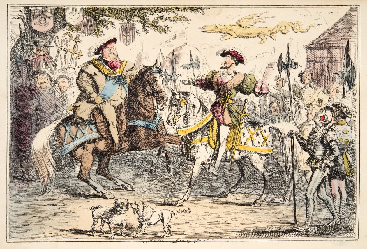 Henry VIII møter Francis I, fra The Comic History of England, pub. 1864 (håndfarget etsning) av John Leech