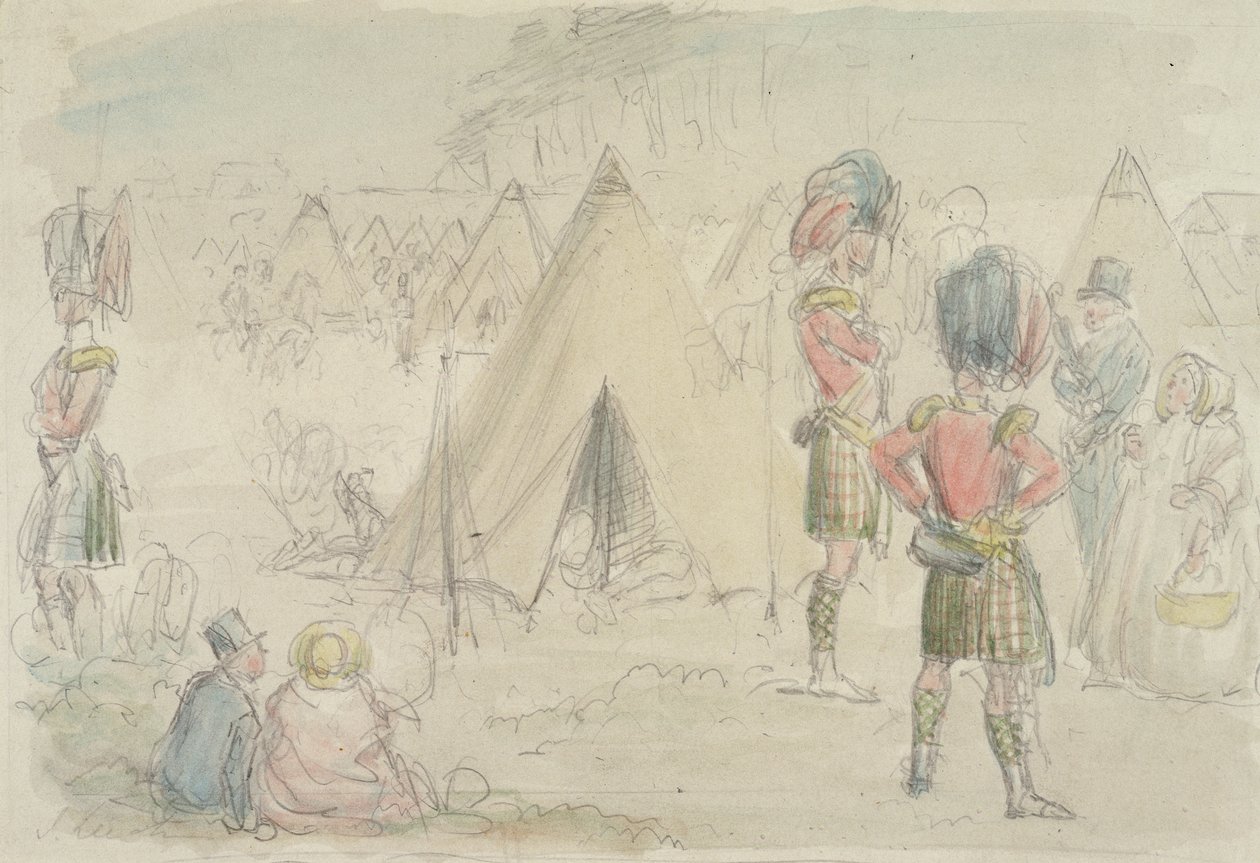 Highland Regiment in Camp (wc og grafitt på papir) av John Leech