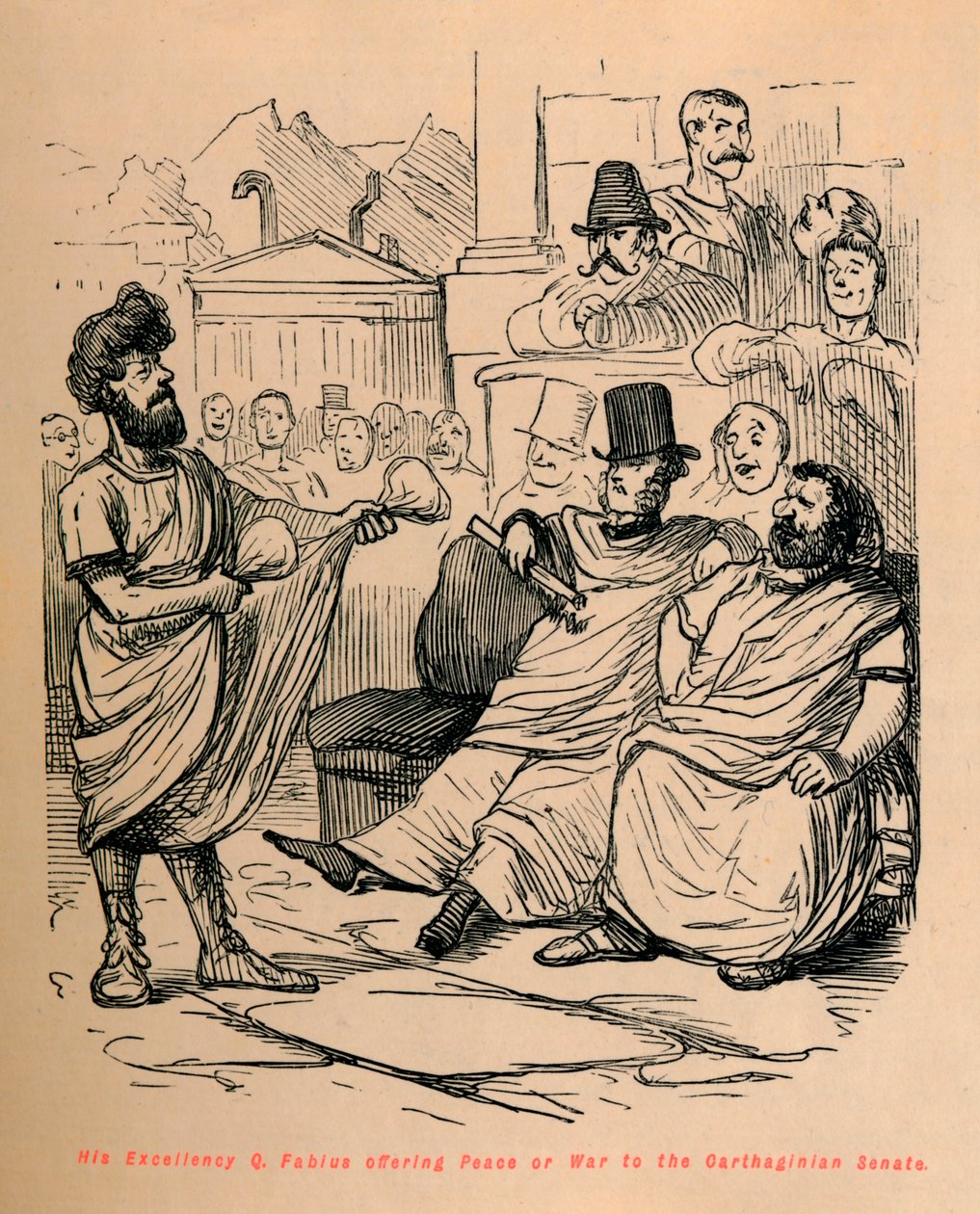 Hans eksellens Q Fabius tilbyr fred eller krig til det karthagiske senatet, 1852 av John Leech