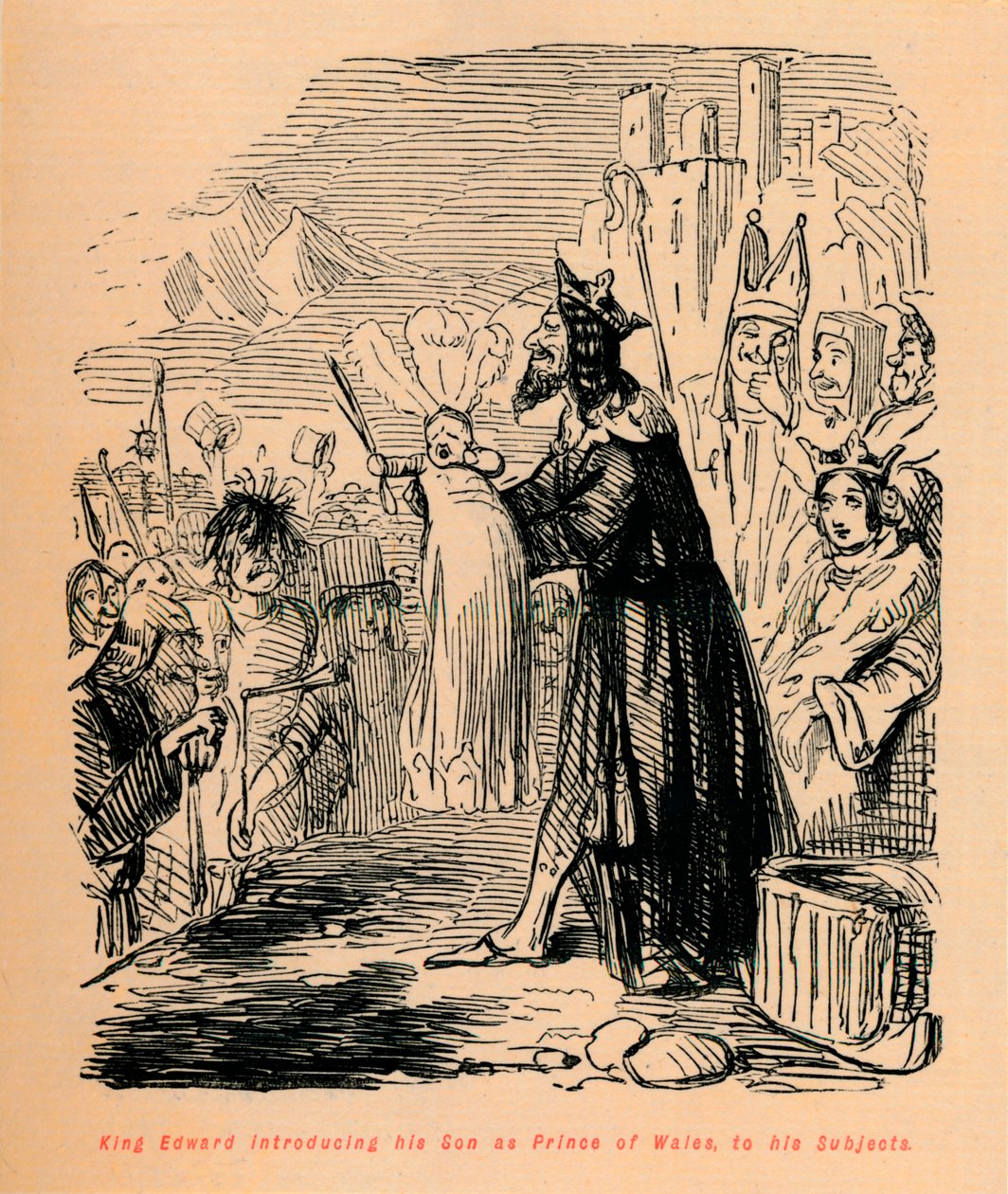 Kong Edward introduserer sin sønn som prins av Wales for sine undersåtter, c1860, c1860 av John Leech