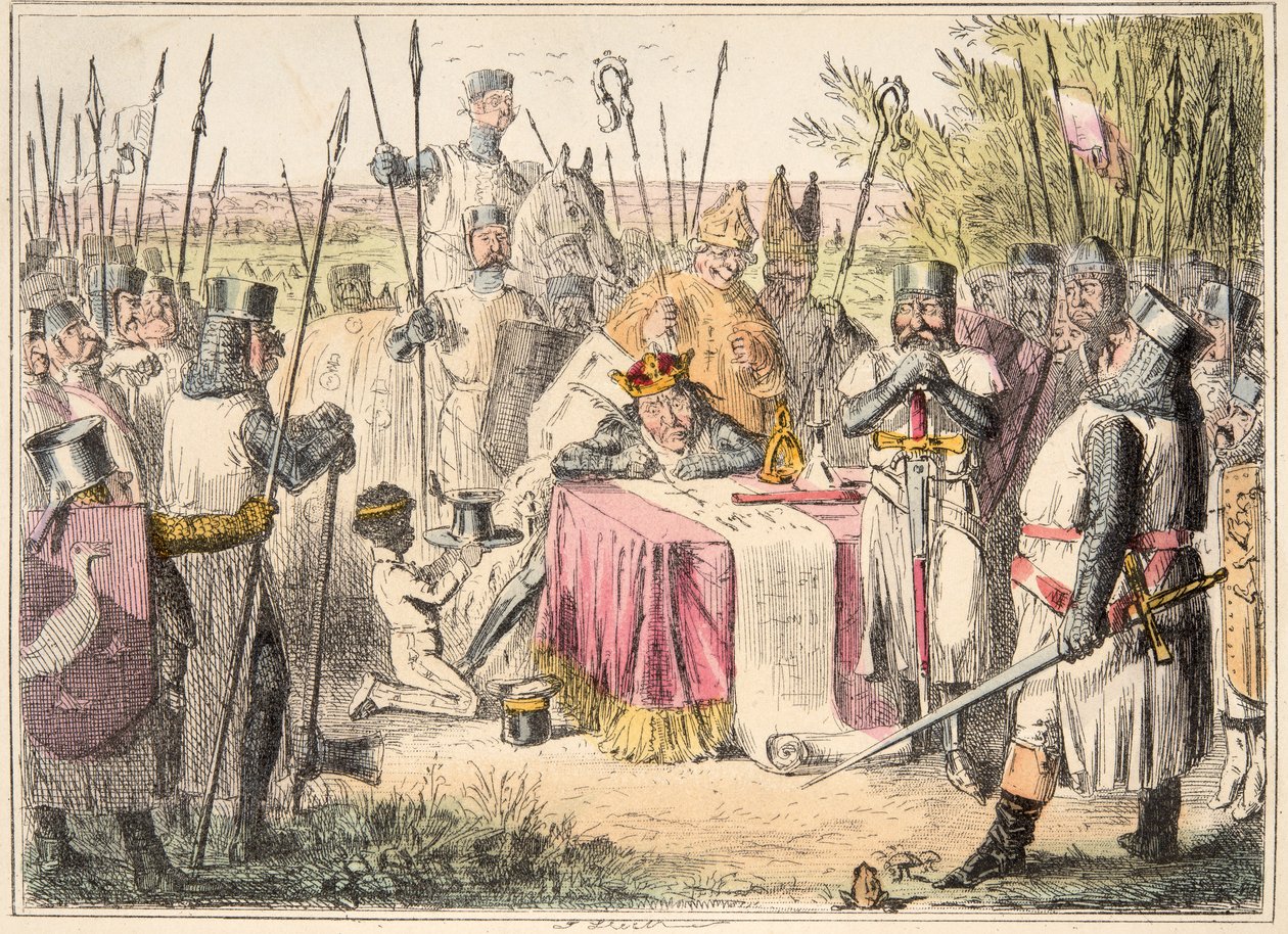 King John Signing Magna Carta, fra The Comic History of England, pub. 1864 (håndfarget etsning) av John Leech