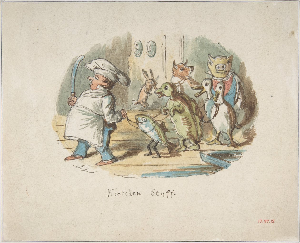 Kjøkkenpersonale (recto); Fjellandskap med turgåer (verso) av John Leech