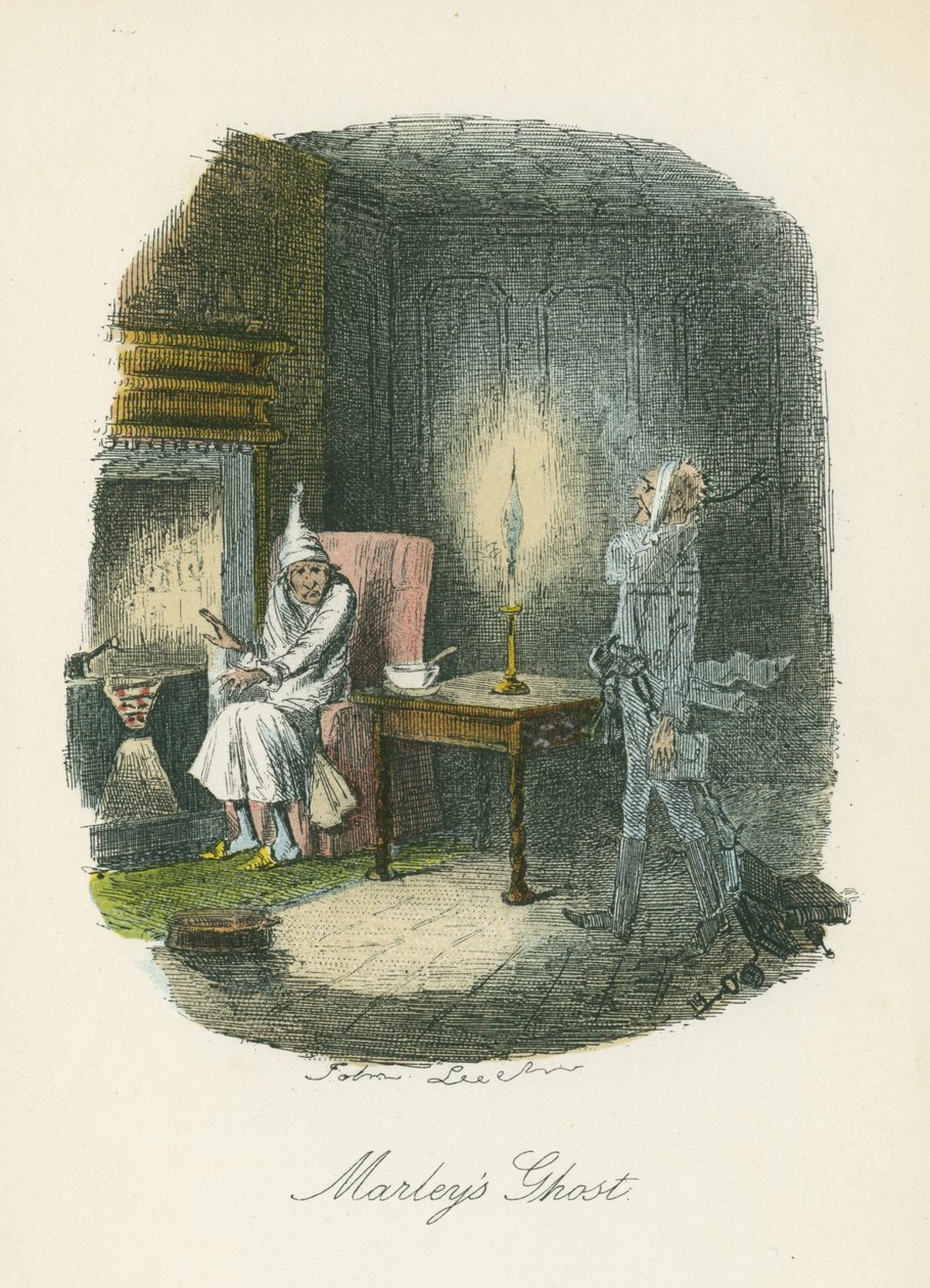 Marleys spøkelse dukker opp for Scrooge. Illustrasjon av John Leech (1817-64) for Charles Dickens A Christmas Carol, London 1843-1844. av John Leech