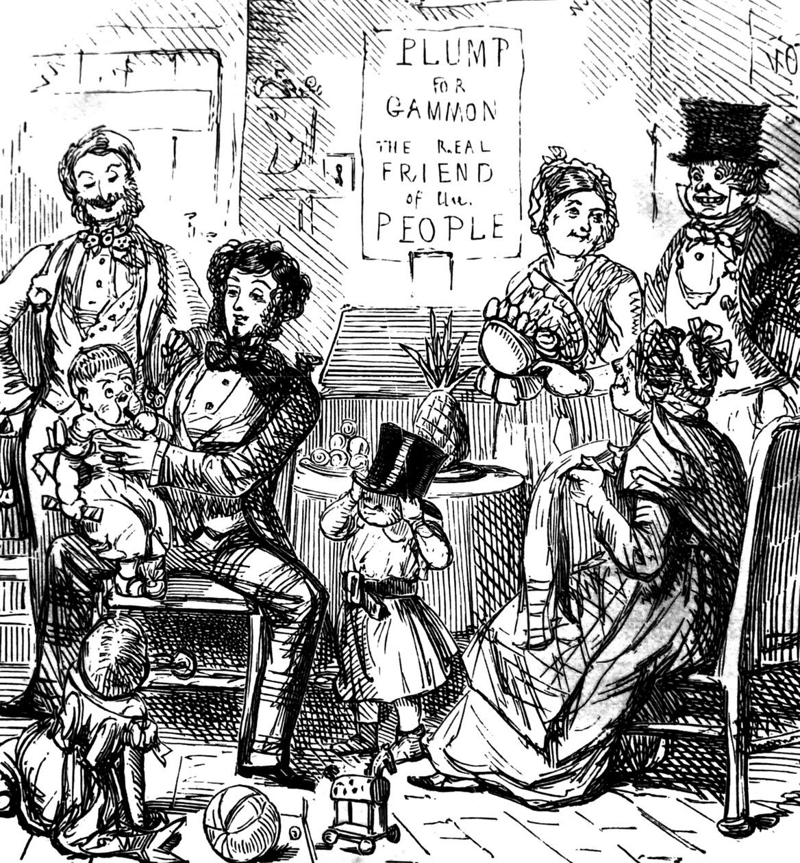 Medlemmer av en førsteklasses familie tilbringer tid sammen i en butikk av John Leech