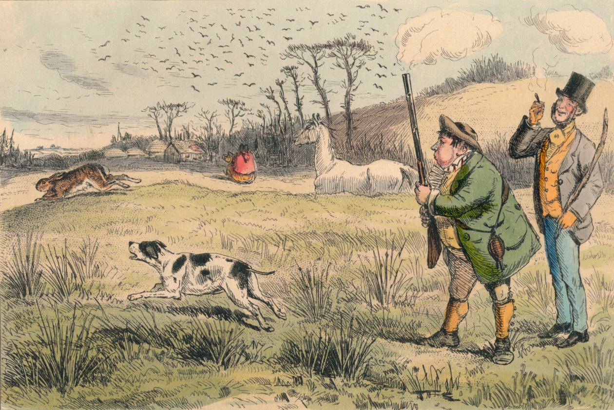 Mr. Jogglebury Crowdey med hunden sin og pistolen sin, ca 1860-tallet. av John Leech