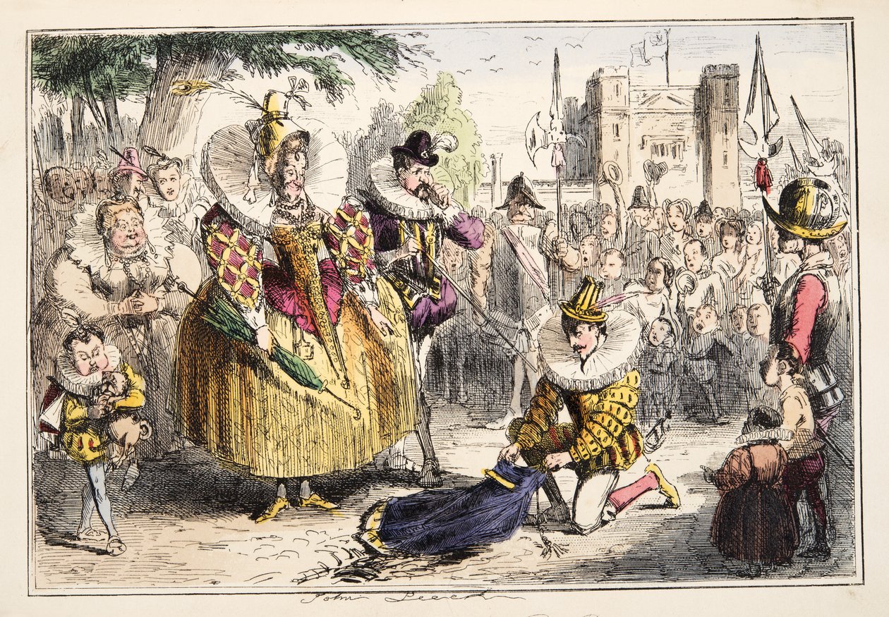 Dronning Elizabeth og Sir Walter Raleigh, fra The Comic History of England, pub. 1864 (håndfarget etsning) av John Leech
