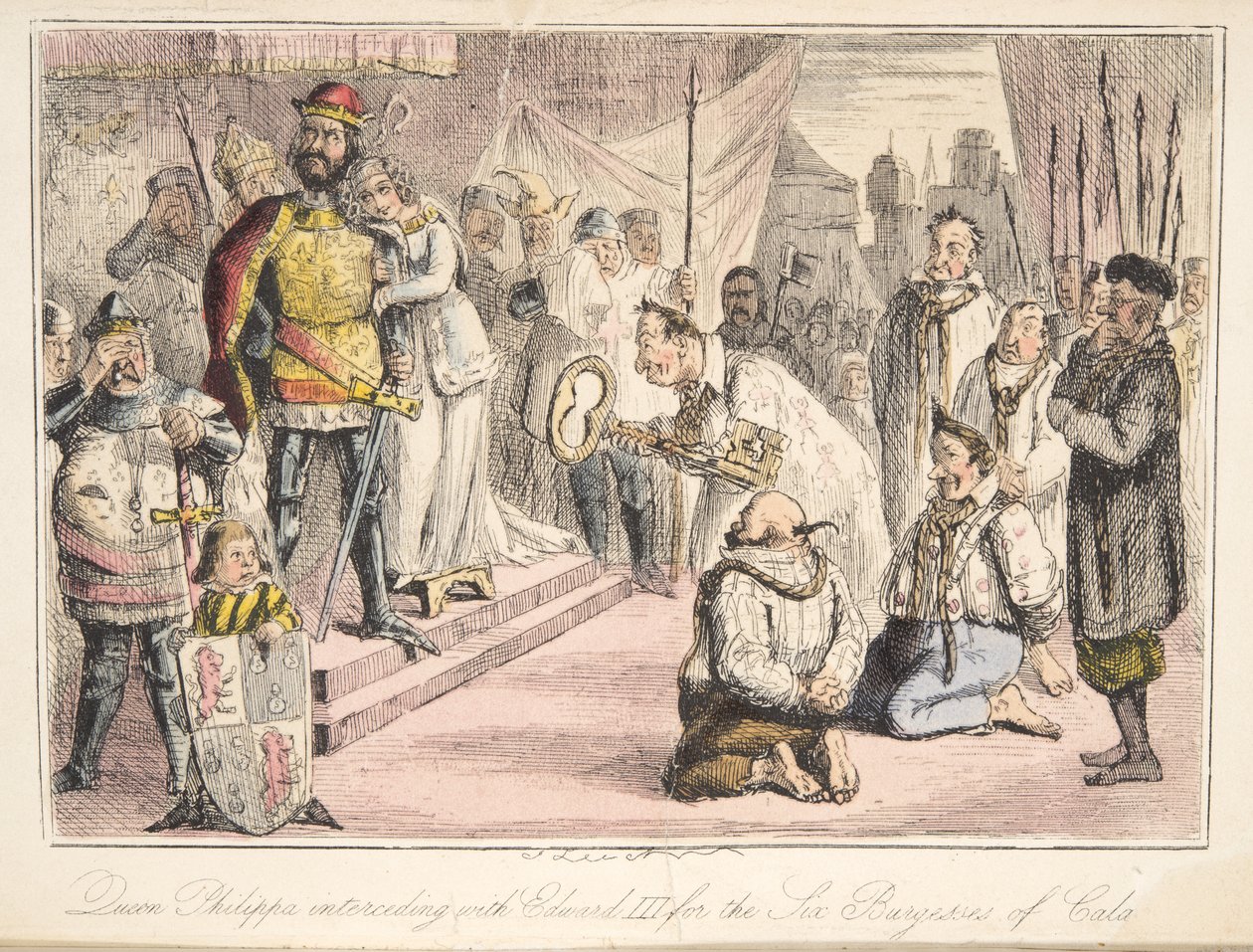 Dronning Philippa går i forbønn med Edward III, for Six Burgesses of Calais, fra The Comic History of England, pub. 1864 (håndfarget etsning) av John Leech