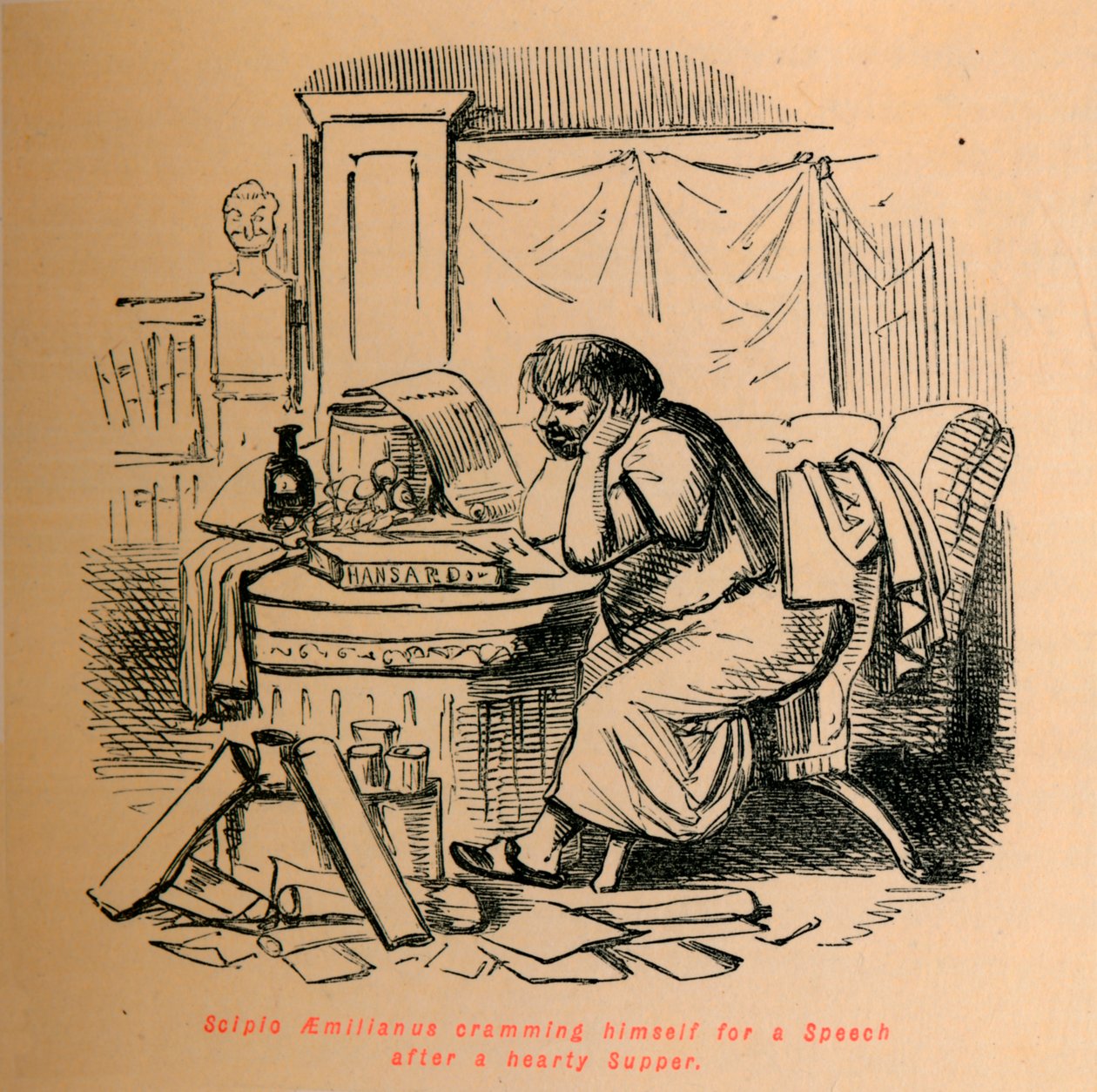 Scipio Aemilianus propper seg til en tale etter en solid kveldsmat, 1852 av John Leech