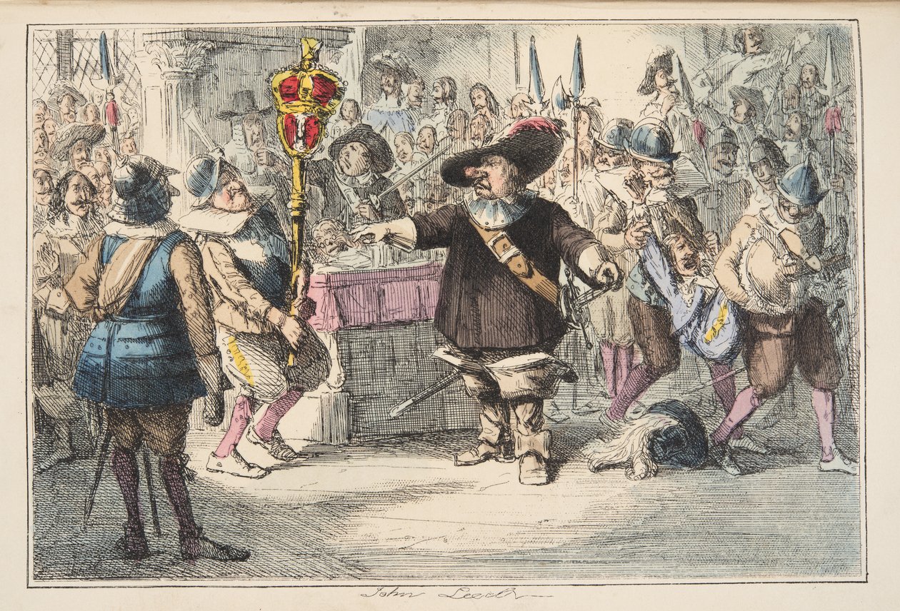 Ta bort den Bauble, Cromwell dissolving the Long Parliament, fra The Comic History of England, pub. 1864 (håndfarget etsning) av John Leech