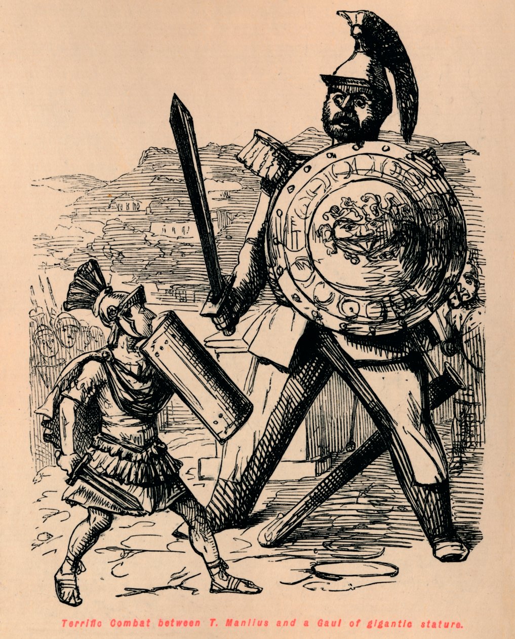 Fantastisk kamp mellom T Manlius og en galler med gigantisk størrelse, 1852 av John Leech