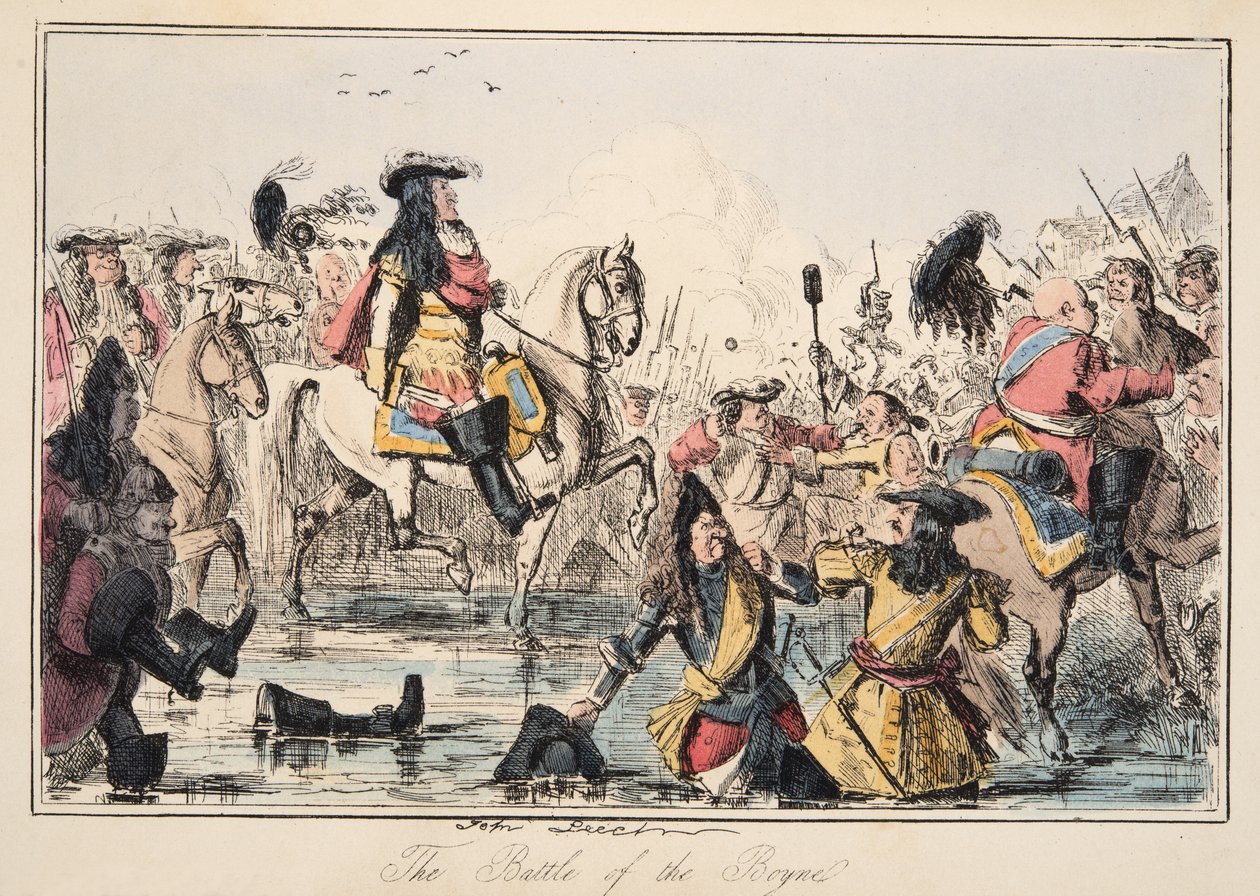 The Battle of the Boyne, fra The Comic History of England, pub. 1864 (håndfarget etsning) av John Leech