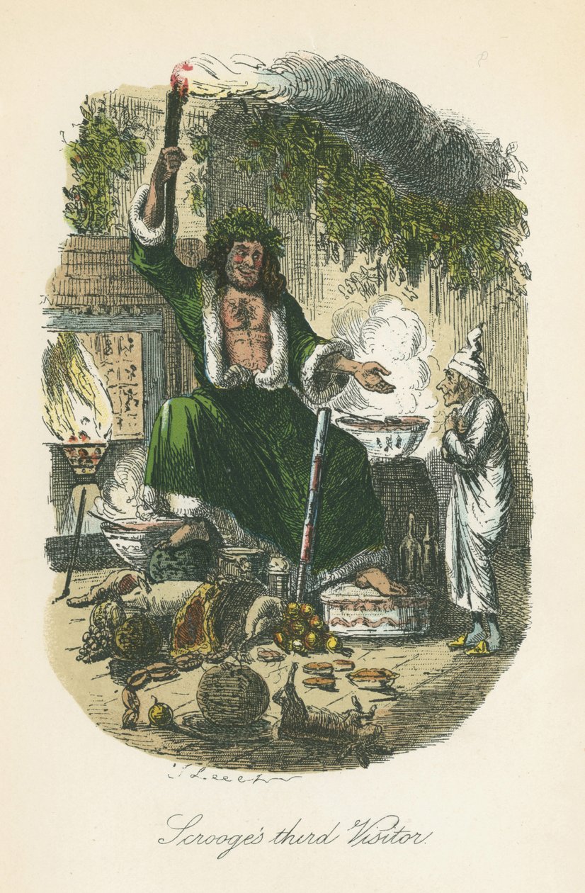 The Ghost of Christmas Present vises for Scrooge. Illustrasjon av John Leech (1817-64) for Charles Dickens A Christmas Carol, London 1843-1834. av John Leech