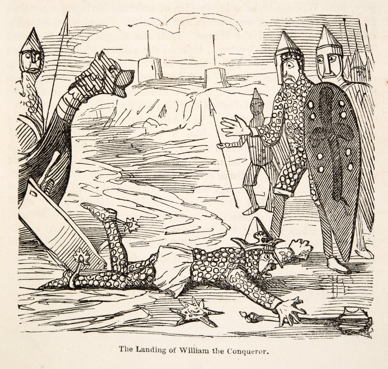 The Landing of William the Conqueror, fra The Comic History of England, pub. 1864 (tresnitt) av John Leech