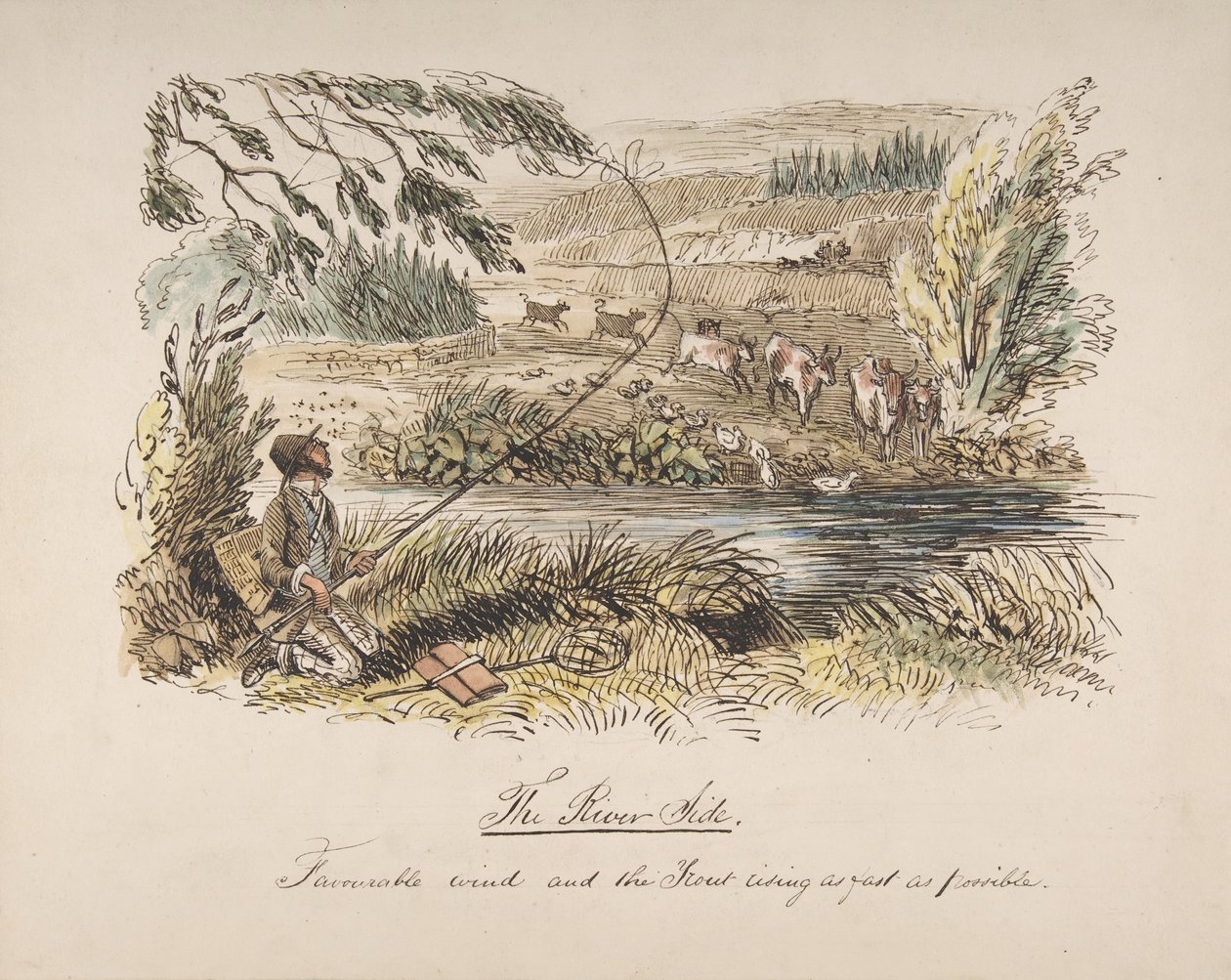 Elvebredden, gunstig vind og ørreten som stiger så fort som mulig, 1830-64. av John Leech