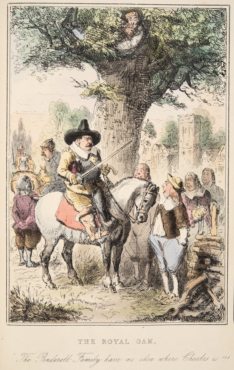Royal Oak. Penderell-familien aner ikke hvor Charles er!!!, fra The Comic History of England, pub. 1864 (håndfarget etsning) av John Leech