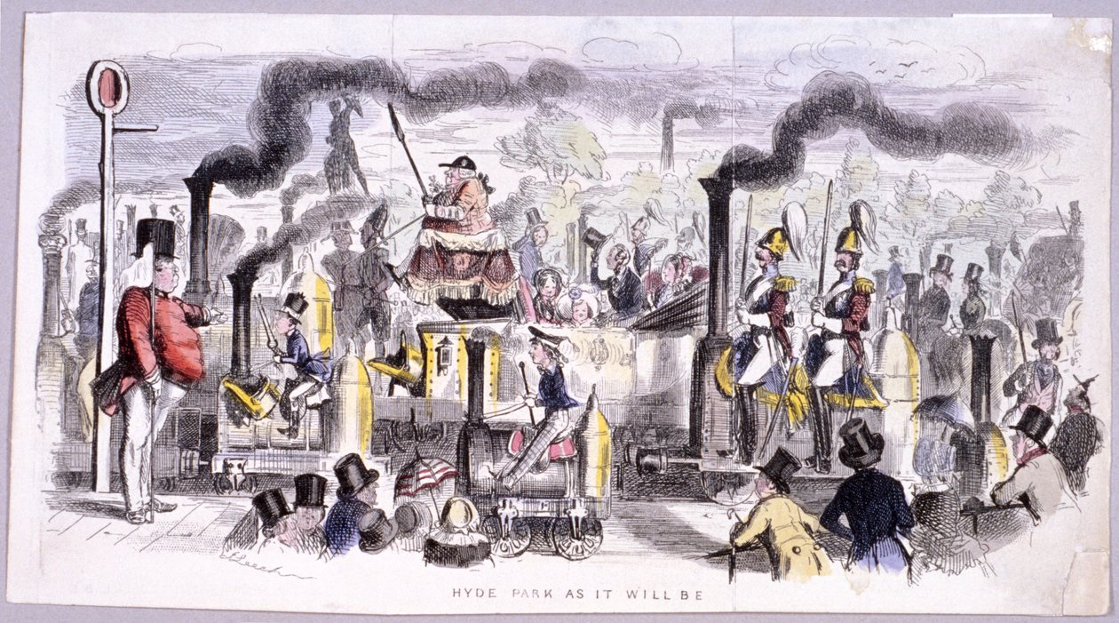 Utsikt over Hyde Park som satiriserer fremkomsten av damplokomotivet, London, c1850 av John Leech