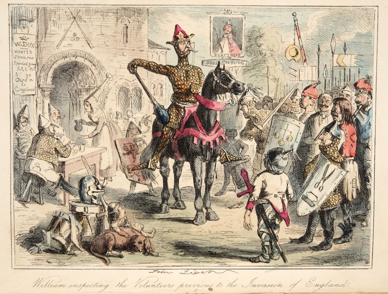 Vilhelm Erobreren inspiserer de frivillige før invasjonen av England, fra The Comic History of England, pub. 1864 (håndfarget etsning) av John Leech