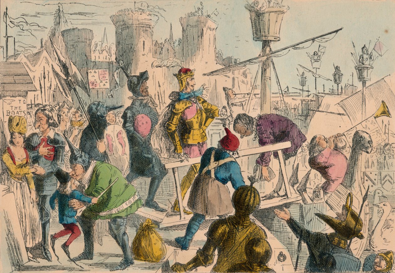 Ombordstigning av kong Henry den femte i Southampton. 1415 e.Kr., 1850 av John Leech and Gilbert Abbott A Beckett