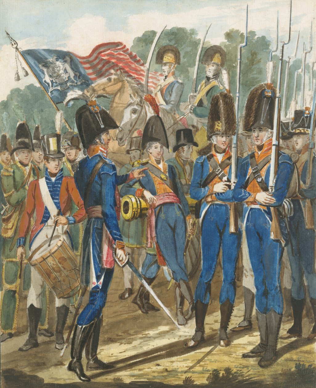Medlemmer av City Troop and Other Philadelphia Soldiery, 1811-ca. 1813. av John Lewis Krimmel