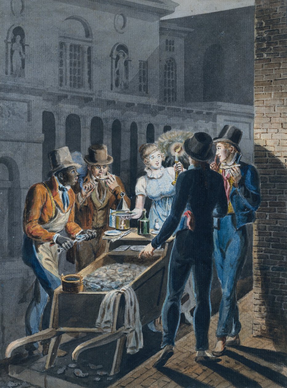 Natteliv i Philadelphia – en Oyster Barrow foran Chestnut Street Theatre, 1811-ca. 1813. av John Lewis Krimmel