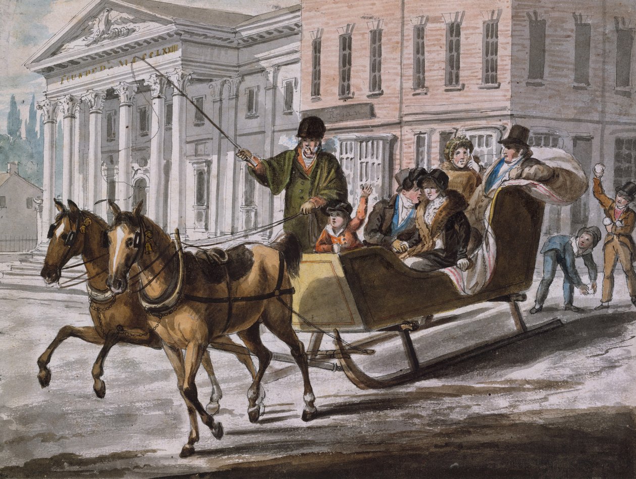 Vinterscene i Philadelphia – Bank of the United States i bakgrunnen, 1811-ca. 1813. av John Lewis Krimmel
