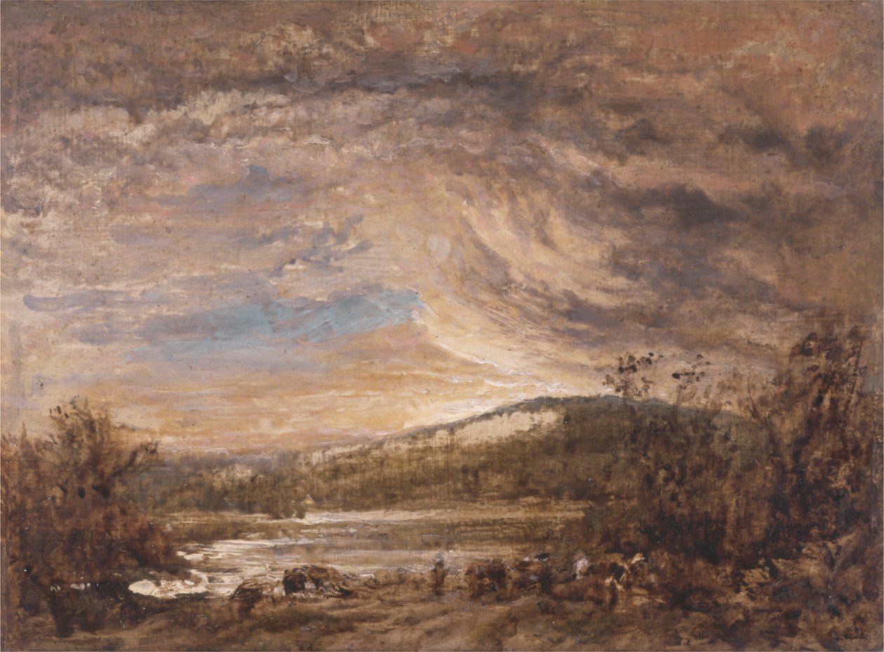 Et elvelandskap, solnedgang av John Linnell