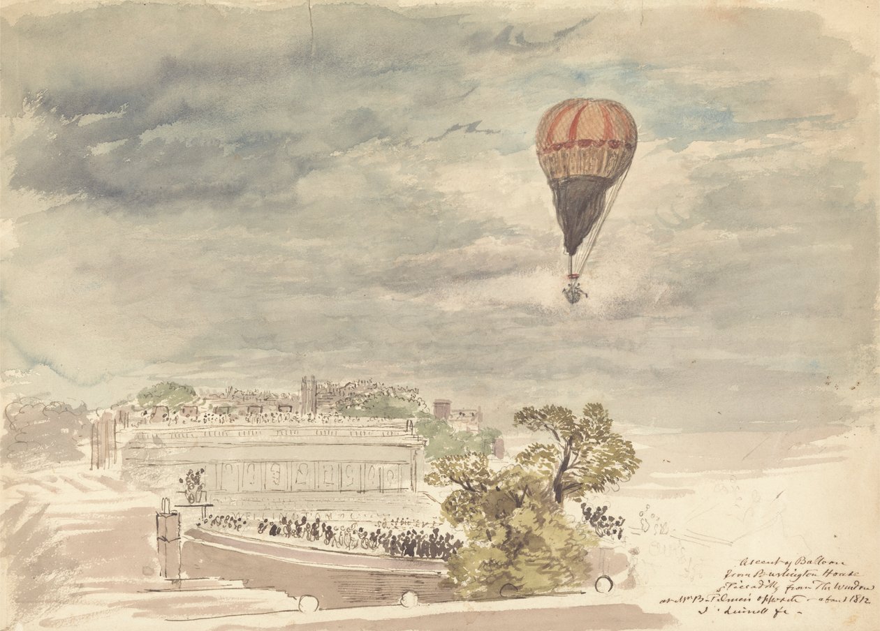 Oppstigning av ballong fra Burlington House, Piccadilly, fra vinduet ved Mr. B. Palmer's av John Linnell