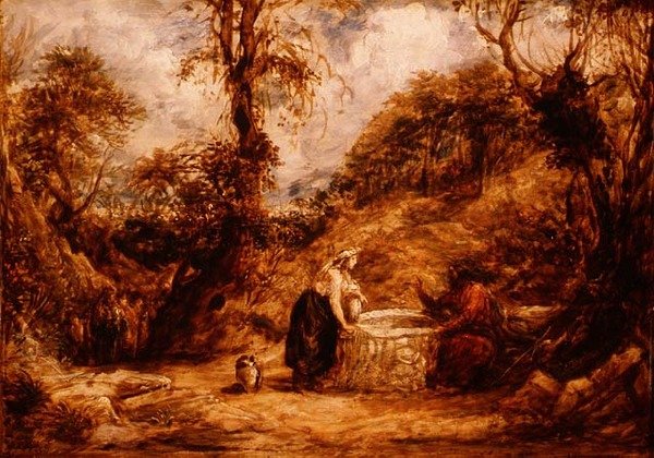 Kristus og kvinnen i Samaria ved Jakobs brønn, ca. 1850-60 (olje på panel) av John Linnell