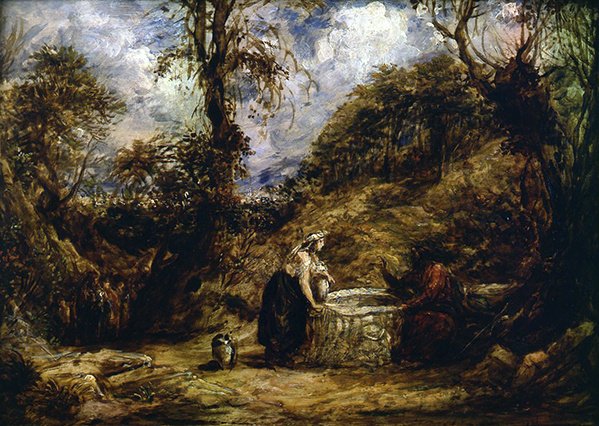 Kristus og kvinnen fra Sumeria ved brønnen (olje på panel) av John Linnell
