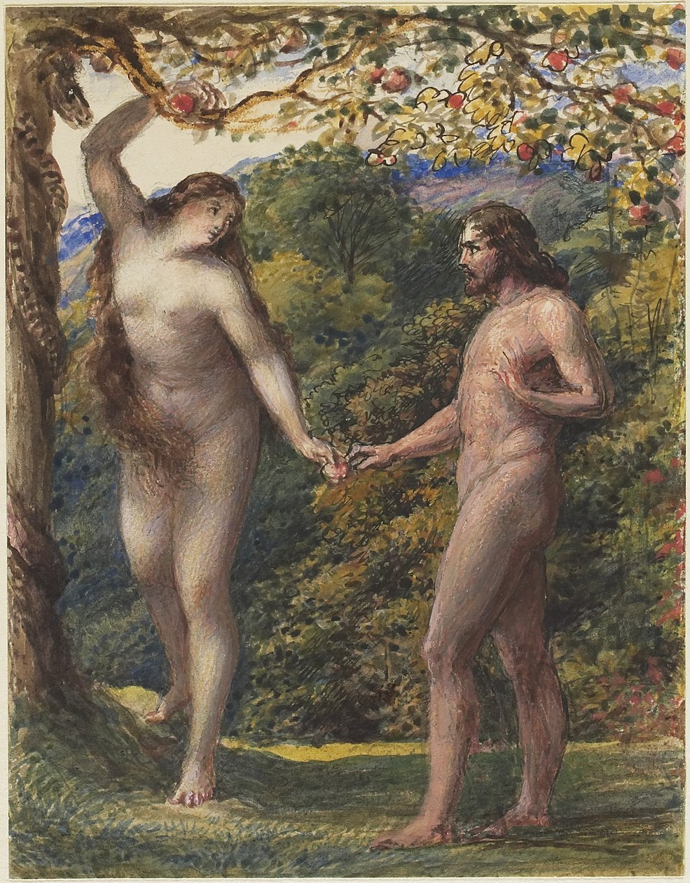 Eve Offering the Forbidden Fruit to Adam, 1830-35 (penn og brunt blekk med wc forsterket med kroppsfarge over grafitt på vevd papir) av John Linnell