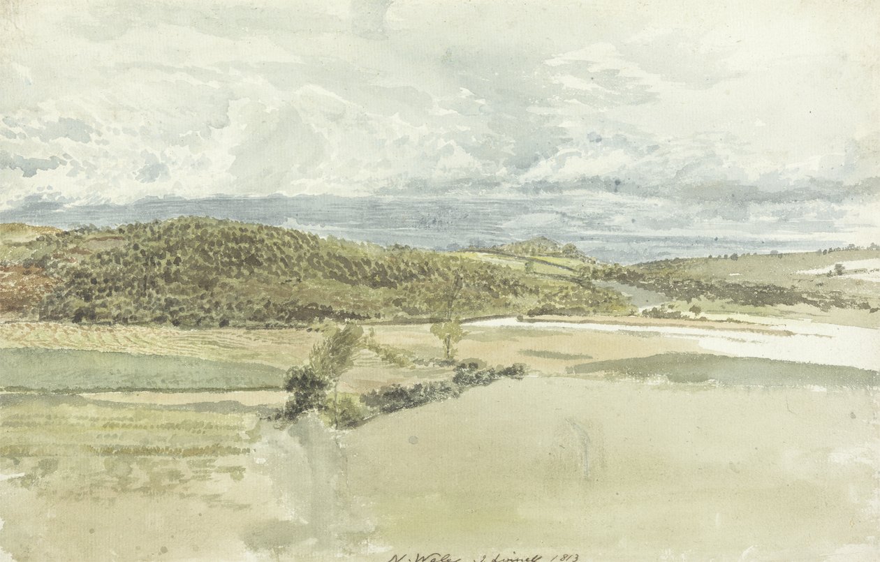 Landskap i Nord-Wales, 1813 (wc over grafitt på papir) av John Linnell