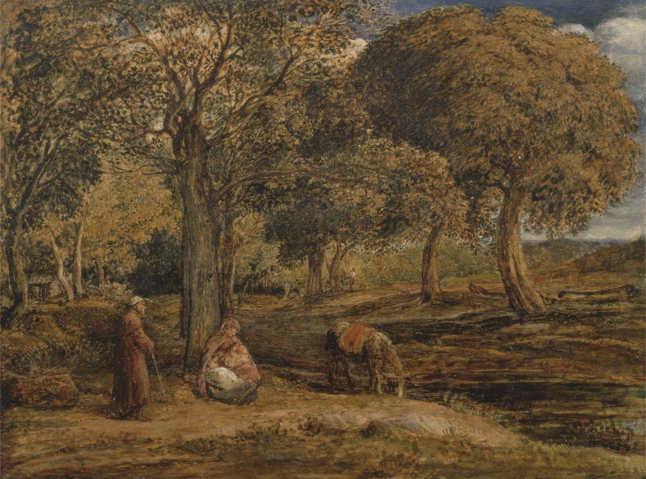 Landskap med familiegruppe, muligens The Rest on the Flight into Egypt, ca. 1827 (olje på panel) av John Linnell
