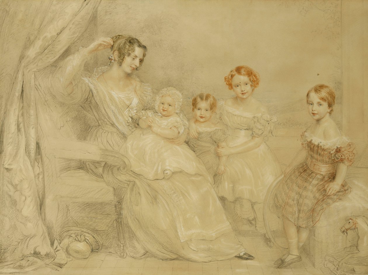 Portrett av fru W.S. Fry og hennes fire barn: Emma, Willy, Julie og Georgina, sittende i et interiør, 1840 av John Linnell