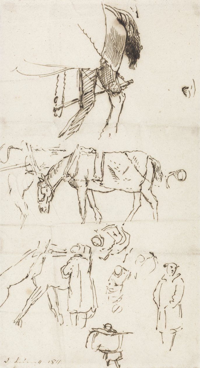 Studier av hester, menn og vogner, 1811 (penn og brunt blekk på papir) av John Linnell