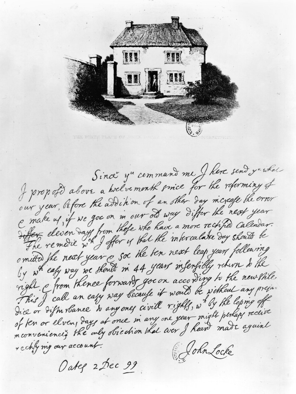 Faksimile av et brev som illustrerer huset der Locke (1632-1704) ble født i Wrington, Somerset (penn og blekk på papir) av John Locke