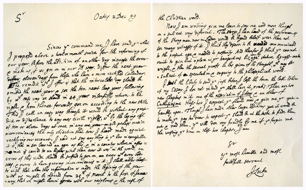 Brev fra John Locke til Hans Sloane, 2. desember 1699. av John Locke