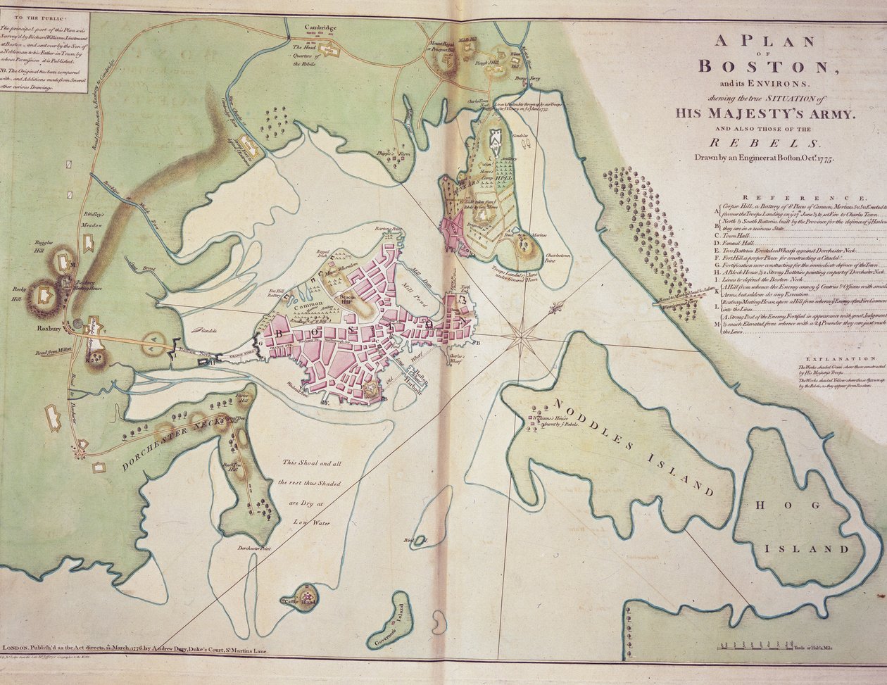 Plan for Boston og omegn som viser posisjonen til de britiske styrkene og de amerikanske opprørsstyrkene, tegnet oktober 1775, trykt i 'The North American Atlas' av John Lodge