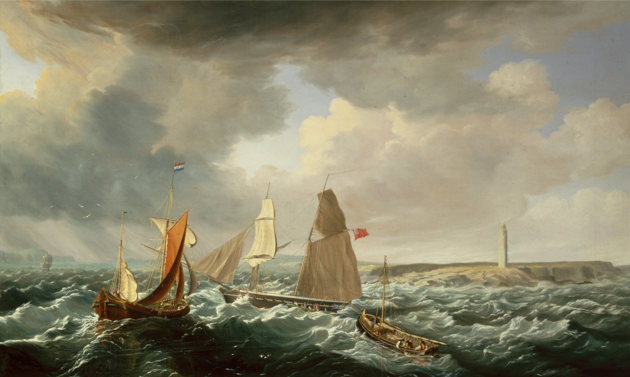 En brigantine, en nederlandsk galiot og fiskefartøy (olje på lerret)) av John Lynn