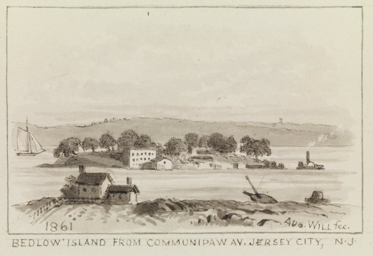 Bedloe Island fra Communipaw Ave., Jersey City, N.J., 1861 av John M. August Will