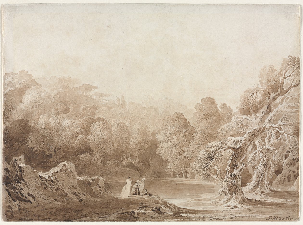 En mann som spiller på en harpe med andre figurer ved siden av en innsjø, 1820. av John Martin