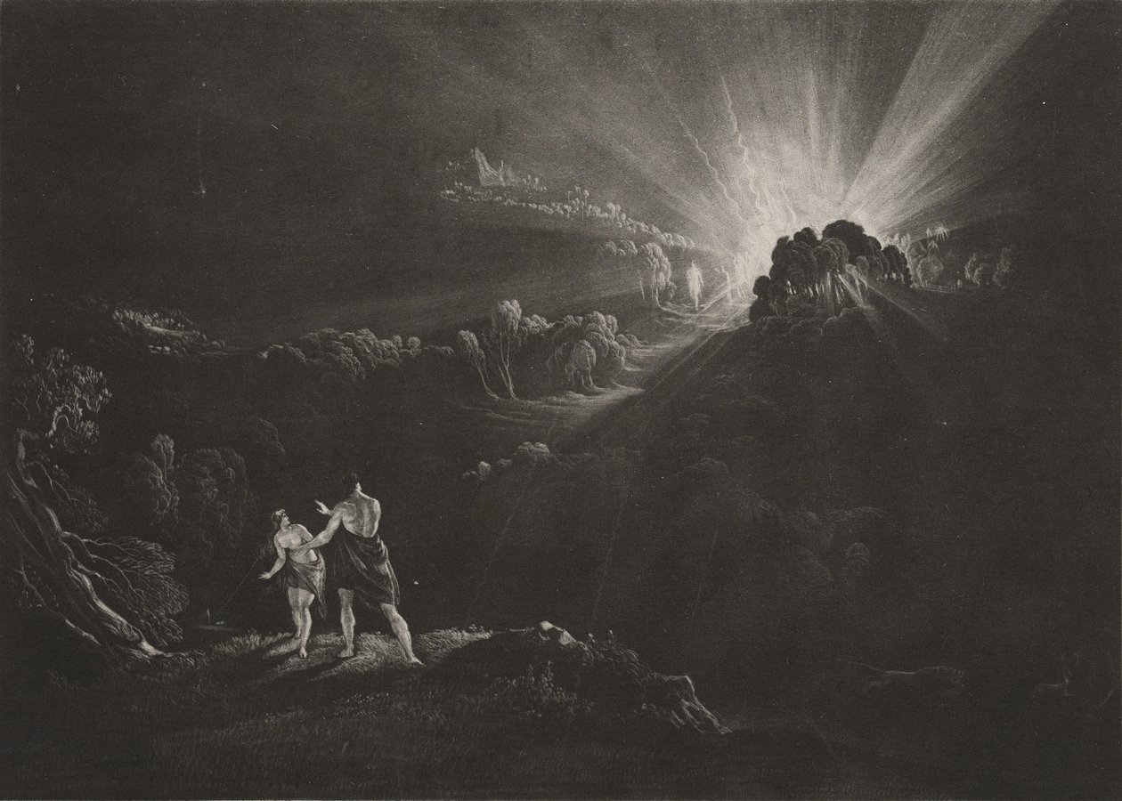 Tilnærming til erkeengelen Michael, ca. 1827 (mezzotint) av John Martin